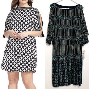 NEW NWT SANDRA DARREN Black Green Teal Geometric Geo Cold Shoulder Cutout Dress